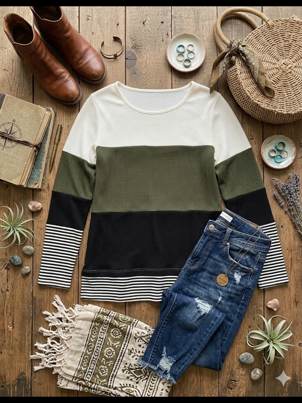 SHEIN Boho Colorblock Waffle Knit Top - Picture 1 of 7